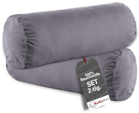 BasaTex 2er Pack Kissenbezug für Nackenrolle 40x15 cm - Kissenhülle für Nackenkissen - Nackenrollenhülle aus 100% Baumwolle - Reißverschluss - Farbe: Anthrazit Grau
