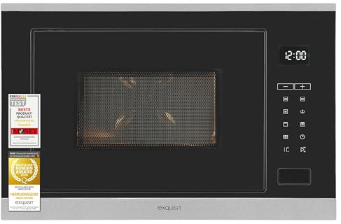 Exquisit Einbau-Mikrowellengerät EMW525-G-020 mit Grill, 25 L | 900 W Mikrowelle + 1200 W Grill, Inox-Design, Kindersicherung, Timer 95 Min, 9 Leistungsstufen