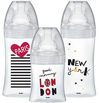 Dodie Geburts-Set mit 3 Babyflaschen Antikolik Sensation+ aus Glas (1 x 150 ml; 2 x 270 ml), flacher Sauger, BPA-frei, City