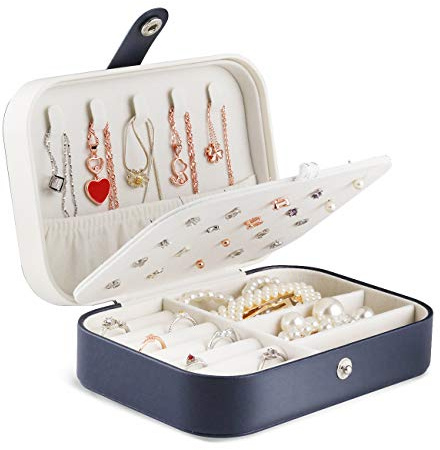 JOYUE Schmuckkästchen Reise PU-Leder Schmuckbox Tragbar Schmuck Aufbewahrungsbox für Ringe Ohrringe Halskette, 16,5 x 11,5 x 5,5 cm (Blau)