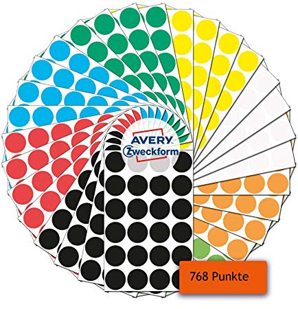 AVERY Zweckform 59998 selbstklebende Markierungspunkte 768 Stück (Ø18mm, 8 Farben mit je 96 Klebepunkten auf 4 Bogen, Farbcodierung, runde Aufkleber für Kalender, Planer und zum Basteln, Papier)