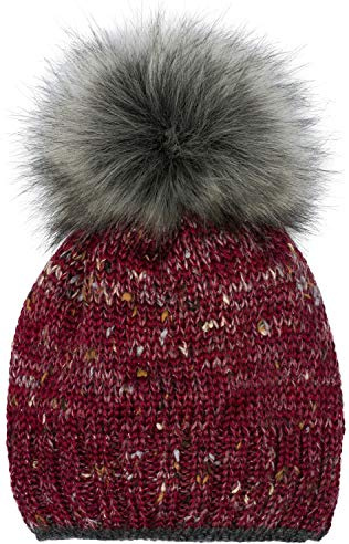 styleBREAKER Damen Strick Bommelmütze Bunt Glitzerfaden | Isolierendes Thermo-Fleece-Futter, 12 cm Fake-Fur-Pompon (abnehmbar), 21 cm Bund, elastisch für 40-60 cm Kopfumfang.