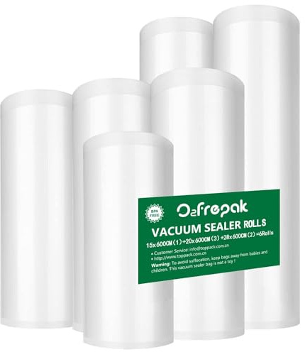 O2frepak 6 Rollos Envasado al Vacío 15/20/28x600cm Sin BPA Para Alimentos | 15x600cm(1)+20x600cm(2)+28x600cm(3) Bolsas de Vacío Gofradas,Conservación de Alimentos,Soporta Congelación y Ebullición