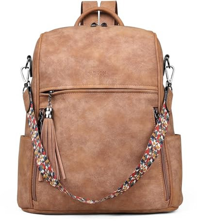 FADEON Leder-Rucksack für Damen, Designer-Reiserucksack, Geldbörse, PU, modische Damen-Schultertasche mit Quaste, Nubuk-Stil im Retro-Stil, Kamelbraun, Medium (14-in Height), Leder-Rucksack, Geldbörse