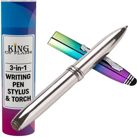 KING OF FLASH 3-in-1 Stylus Pen With Light, Capacitive Aluminium Pen Stylus, LED Torch Light, Ballpoint Pen (Multi Colour - Black Ink)