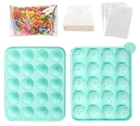 Moule à cake pop,20 Moule Sucette+100 Bâtonnets+100 Sacs en Cellophane+100 Noeuds Papillon(vert)