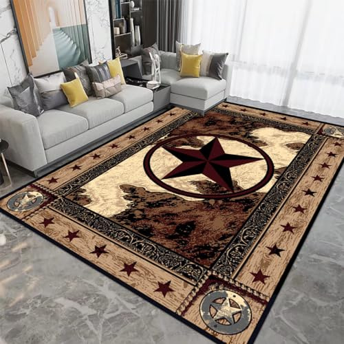 Brown Rustic Western Texas Star Modern Area Rug Primitive Carpet Farmhouse Rug Cowhide Runner Rug Non-Slipping Doormat for Hallway Kitchen Living Room Bedroom Laundry Room Entryway 5' x 7'