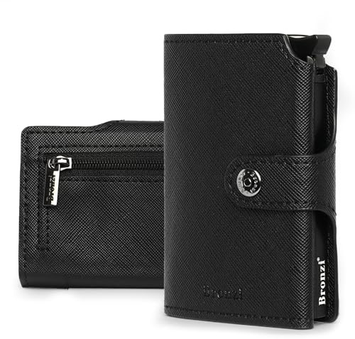 Bronzi® Portafoglio Uomo Slim Piccolo | Portacarte Uomo Donna Portatessere Porta Carte Di Credito | Portafogli Mini Protezione RFID con Portamonete | Box Regalo - Brand Italiano (Saffiano Nero)