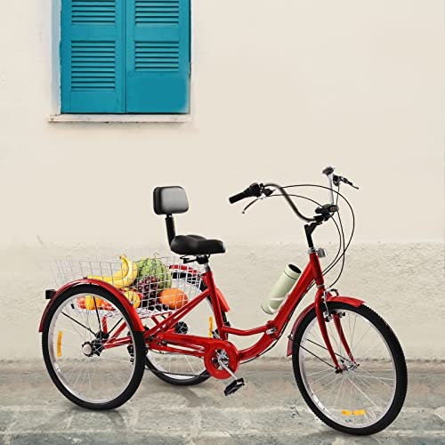 EurHomePlus 24 Zoll Dreirad für Erwachsene 7-Gang 3-Räder Fahrrad mit Einkaufskorb und LED Licht für ältere Menschen zur Erholung usw (Rot)