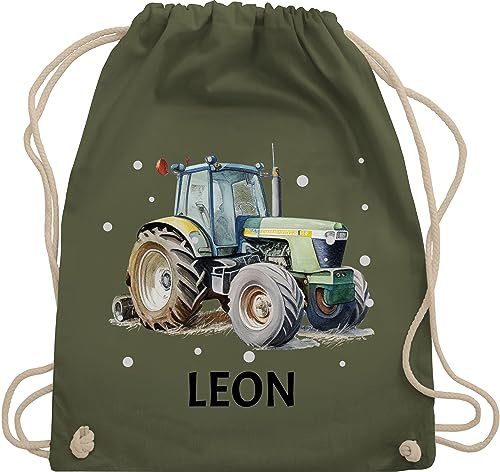 Turnbeutel Rucksack - Trecker Name I Trecker Fan I Traktor Geschenk personalisiert I Geschenk Landwirt - Unisize - Olivgrün - sporttasche kindergarten jungen stoffbeutel wechselkleidung traktoren