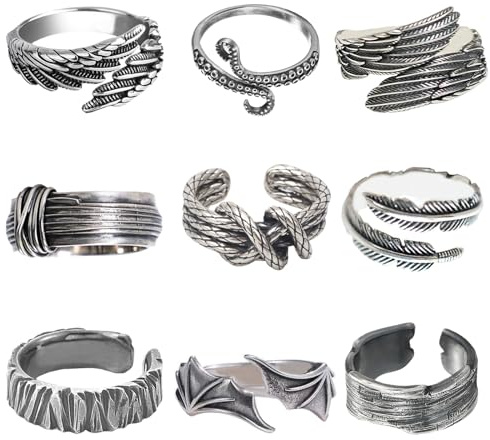VELESAY 9Pcs Uomo Vintage Offene Ringe für Männer Engelsflügel Einstellbarer Ring Verstellbar Punk Gotico Biker Ring Set