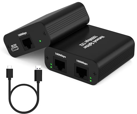 100Mbps Ethernet Splitter 1 auf 2 High Speed LAN Splitter, RJ45 LAN Switch 2 Port Netzwerk Splitter mit USB Stromkabel für Cat 5/5e/6/7/8 [2 Geräte gleichzeitig vernetzt]