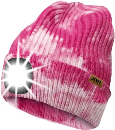 ATNKE LED-upplyst mössa med ljus, uppladdningsbar USB 4 LED-upplyst löparmössa, extremt ljus lampa, vinter, varm stickad mössa, teknik, presenter för män och kvinnor, tie dye rosa, one size