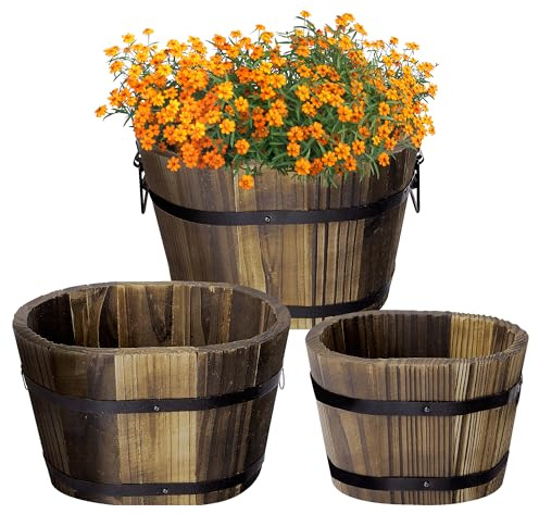 Adnee Whiskey-Fass-Pflanzgefäße aus Holz, 3 Größen, 3 Größen, Holzeimer, Fass-Garten-Pflanzgefäß-Set, rustikale Blumentöpfe, Behälter für drinnen und draußen, Garten, Heimpflanzen (13,5 cm, 18,5 cm