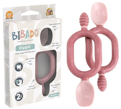 Bibado - Dippit Baby Spoon and Dipper, Mint & Blue (2-Pack) - Soft, Chewable Dipper & Deep Spoon - Two-Hand, Sensory Grip - Baby Weaning Set - Weaning Spoons - Baby Gifts - Baby Essentials - 6 Months+