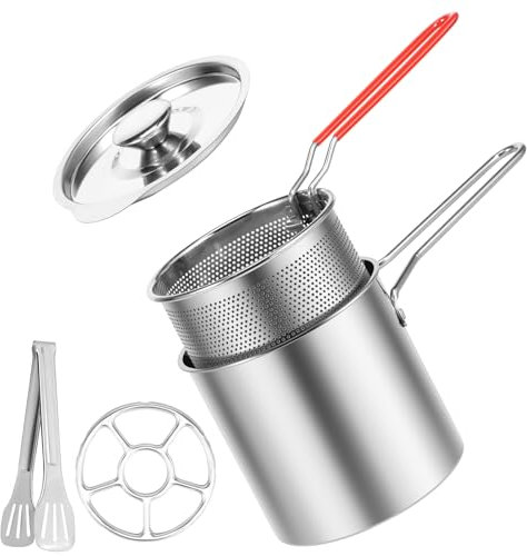 Foppla Deep Fryer with Strainer Basket and Handle Stainless Steel Fry Pot Food Grade Outdoor Fryer with Lid Portable Food Cooking Pot for Frying Fish Shrimp Chicken and Fries