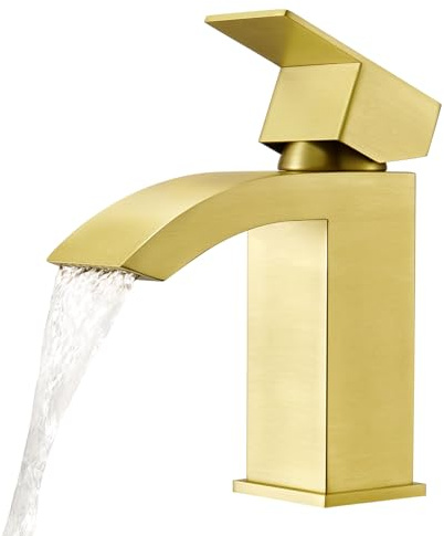 CREA Wasserfall Wasserhahn Bad,Waschtischarmatur Chrom mit Keramikventil | Mischbatterie Waschbecken mit Kaltes Heißes Wasser,Einhandmischer Waschbeckenarmatur,Gebürstetes Gold