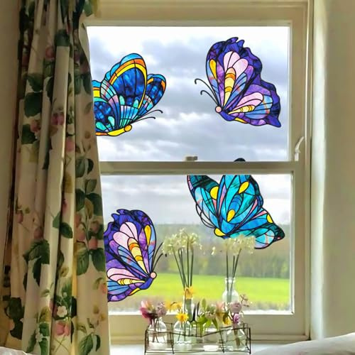 funlife Large Tiffany Butterfly Window Stickers for Glass, Original Hand Drawn Glass Decorations, Whimiscal Art Big, Anti Collision Bird Strike Stickers 4 Extra-Large Decals