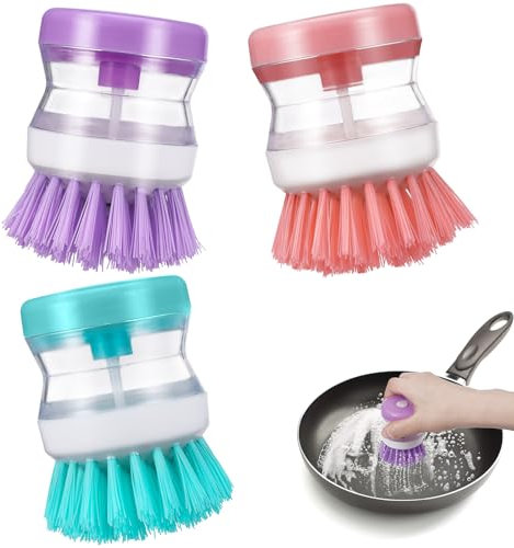 3Stück Spülbürste mit Spülmittelspender, Nachfüllbar Befüllbare Spülbürste, Haltbar Küchenbürste, Multifunktionale Reinigungsbürste & Dichten Premium-Borsten, Durchsichtig Abwaschbürste für Spüle Topf