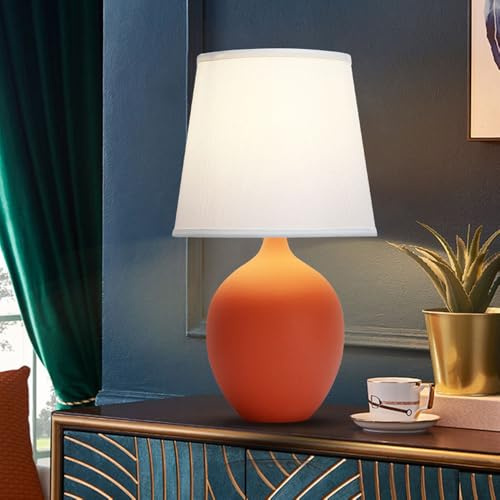 Mengjay Tischlampe Vintage,Keramik Tischleuchte,Wohnzimmer Moderne E27 Tischleuchte mit Stoffschirm,Leselicht,Schlafzimmer Nachtlicht,Retro Nachttischlampe Deko für Kinderzimmer Schlafzimmer (Orange)