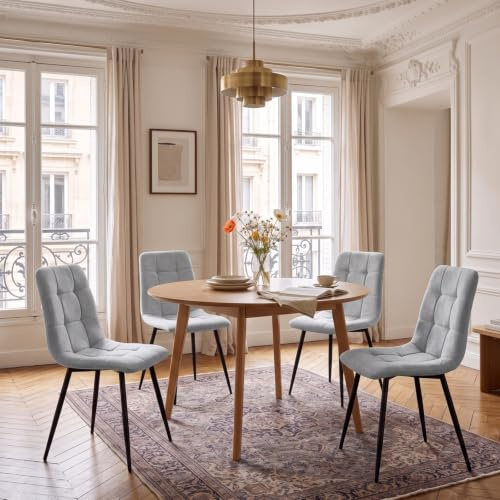 ANVOFONG Leinenstoff Esszimmerstühle 4er Set,Grau | Karomuster,Esszimmerstuhl mit verstärkten Stuhlbeinen,Küchenstuhl Polsterstühle,Stuhl für Esszimmer,Küche & Wohnzimmer