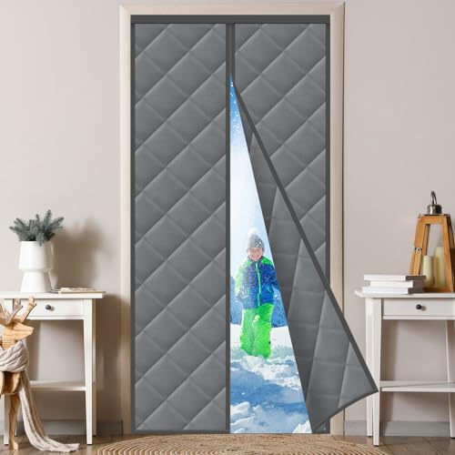 Magnet Wärmeschutzvorhang für Türen 105x220cm, Thermovorhang Tür, Wasserdicht, Winddicht, Kein Bohren Erforderlich, Geeignet für Schlafzimmer, Drinnen und Draußen-Dunkelgrau