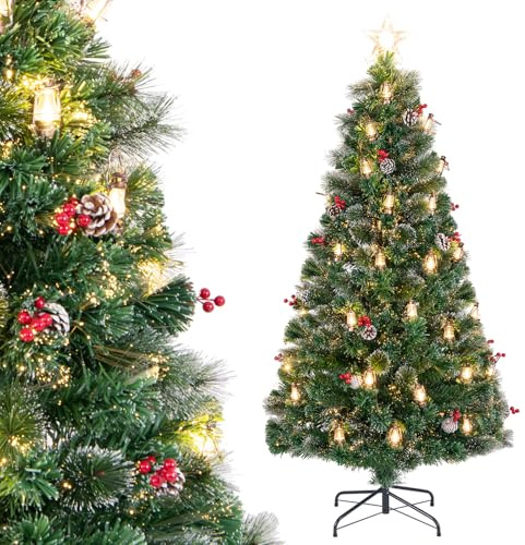 COSTWAY Árbol de Navidad Nevado 150/180 cm, Arbol de Navidad con Luces Incorporadas, 8 Modos, 49/64 Luces LED Cálidas, Fibras Ópticas, Agujas de Pino, Piñas, Bayas Rojas y Lámparas (180 cm)