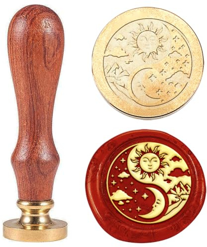 Hobbspring 1 Stück Siegelstempel Aus Wachs Mit Sonne Und Mond Vintage Stil Wolken Sterne Siegelwachsstempel Geschenk für Weihnachten 25mm Abnehmbarer Stempelkopf Aus Messing Mit Holzgriff Für Umschläg