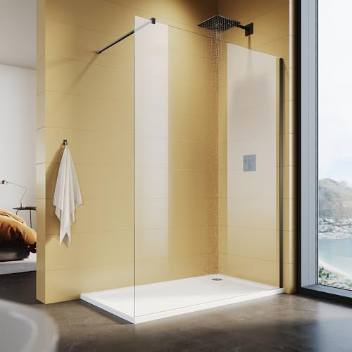 SUNXURY Walk In - Divisione doccia 140 x 200 cm, con asta di stabilizzazione, 140 cm, telaio nero, in vetro NANO da 10 mm