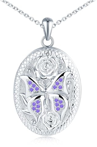 MicLee 925 silver oval fotomedaljong halsband dam flicka hänge rosblomma fjäril ficka med zirkonia löstagbar skelett halsband minnesamulett smycken elegant, 3.2cm x 2.4cm + 50cm, Zirkoniumoxid