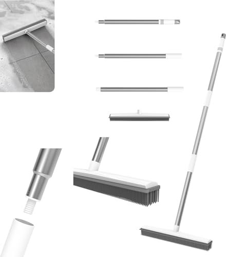Kehrbürste Gummi-Besen Teppichbürste,Teppichrechen Weicher Besen 120cm Teppichkehrer Tierhaarentferner mit 3-teiligem Metallgriff und 31cm Silikon-Bürstenkopf für die Bodenreinigung