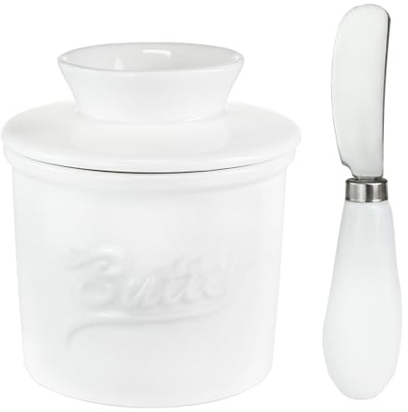 Ceramic Butter Crock with Lid & Spreader Knife, Butter Keeper - Ideal Butter Storage & Countertop Butter Dish, White