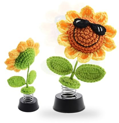KINHARD Wackelkopf Figur Auto, Gewebte Sonnenblumen Dekorationen | Sonnenblumen Schaukel Deko Büro, mit Selbstklebender Sonnenblumenform, für Autodekoration, Verschenken