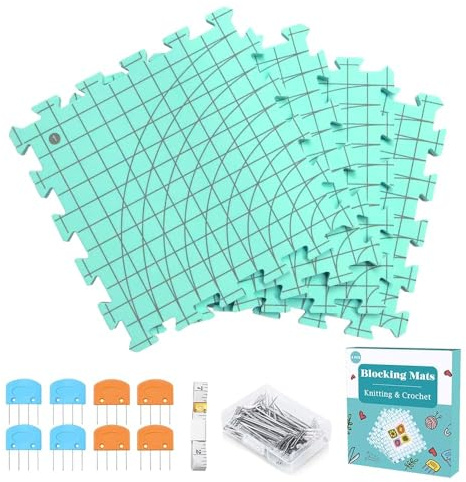 Knitiss Set di 4 tappetini e spilli all'uncinetto, 32 x 32 cm, riutilizzabili, per lavorare a maglia e uncinetto, spessore 1,5 cm, con perni a T e 8 perni di bloccaggio