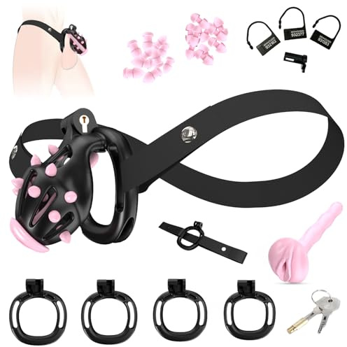 BDSMJOY G-3.0 Peniskäfig Set,Deluxe 3-IN-1 Keuschheitskäfig Herren,mit Fake Frau Pussy Penis Plug + Anti-Fall Chastity Cage Gürtel + Abnehmbar CBT Weicher Spikes,Keuschheitsgürtel für Herren (M)