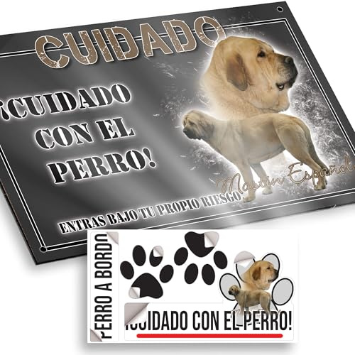Mastín Español Cuidado con el Perro Señal 29x18cm - Diseño Antracita Dibond con Pegatina Coche Premium 20x5cm