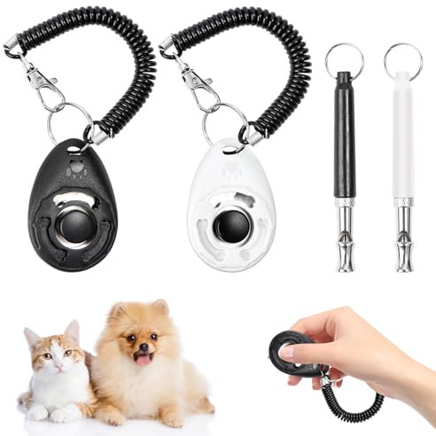 Feirdhoo Hunde Clicker,4 Stück Pet Training Clicker 2*Hundepfeife 2*Hunde Clicker Großem Knopf perfekt für Welpen und Dog Training und Erziehung Auch für Katzen Pferde (Schwarz + Weiß)