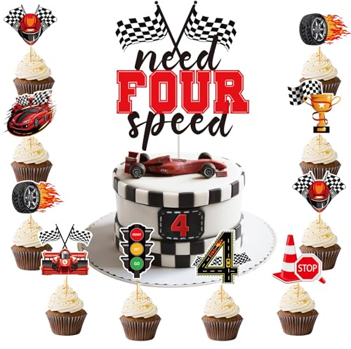 Hokinaa Need Four Speed Decorations - 25 Pcs 4th Birthday Cupcake Toppers | Racing Car Race Themed Cake Topper Picks, Happy 4 Year Old Party Supplies Photo Backdrop Decor