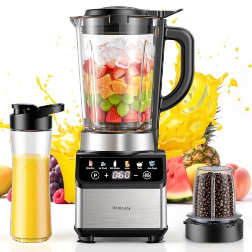 HoninJoy Blenders para cocina, licuadora de batidos de encimera con jarra de vidrio de 55 onzas, molinillo y combo de tazas para llevar, licuadora digital de 10 velocidades para batidos, batidos