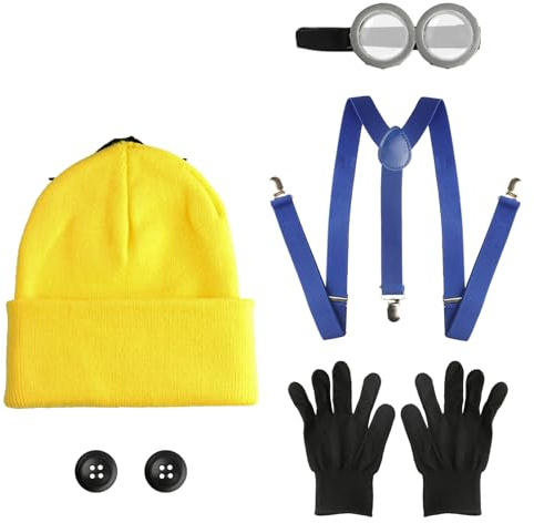7 Set Funny Fancy Dress Costume, Yellow Beanie Knit Hats, Goggles, Black Gloves, Blue Straps & 2 Buttons, Yellow Cosplay Costumes Accessories for Dress up Party Halloween Cosplay Costume Accessories