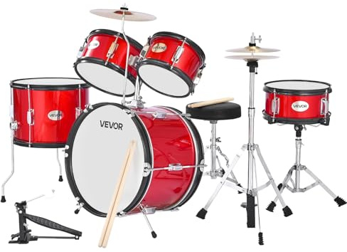 VEVOR Schlagzeug Set, 5-teilig, Drum Kit für Anfänger, inkl. Basstrommel, Snare, Tomtoms, Standtom, Crash-Becken, Hi-Hat mit Ständer, Musik-Lern-Instrumentenset, für Kinder von 6–13 Jahren (rot)