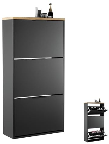 Planetmöbel Schuhschrank schmal mit 3 Klappen platzsparender | Schuhregal, 6 Ablagen, Schuhkommode für Diele, Flur, Garderobe 60 x 23 x 118 cm, schwarz