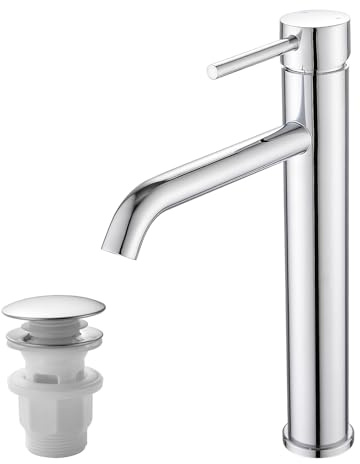 Vuadzren Rubinetto alto per lavabo, miscelatore monocomando per lavabo, miscelatore per lavabo con attacco per acqua calda e fredda, altezza di uscita 19 cm (28,5 cm, cromato)