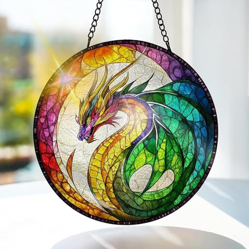 Bimkole DrakeFönsterhänge I Målat Glas Med Solfångare -Djur Hängande Fönsterdekoration - för Trädgård, Fönster och Dörr, Jul, Handgjord Suncatcher Dekor 20x20 cm