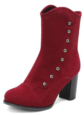 Vintage Korta Stövlar Med Nitar Damankelboots I Mocka Med Blockklack 2025 Varmt Fodrade Ankelstövlar Höst Vinter Höga Klackar Med Dragkedja Eleganta Aftonskor(Red,35 EU)