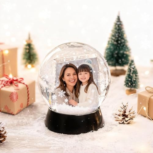 Personalisierte Schneekugel mit Foto, Schneekugel mit Glitzer, Schwarzer Sockel mit Gravur, Individuelle Glaskugel als Dekoartikel, Geburtstagsgeschenk Paar Kinder Freundin