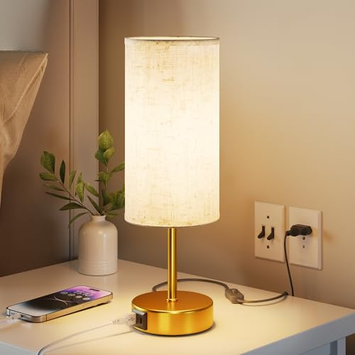 UPXNBOR Nachttischlampe Touch, Tischlampe mit USB-A & USB-C Ladefunktion | Schreibtischlampe Dimmbar, Leselampe mit 3-stufigem Warmlicht, Leinen-Lampenschirm, 1,5 m Kabel, E27-Lampe inkl., Gold