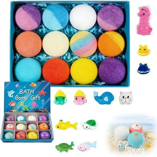 Badebomben Geschenkset mit Überraschungsinhalt, Badekugeln mit 12 Vielfältige Düfte, bath bomb gift für Besondere Anlässe, Rückstandsfreie Auflösung