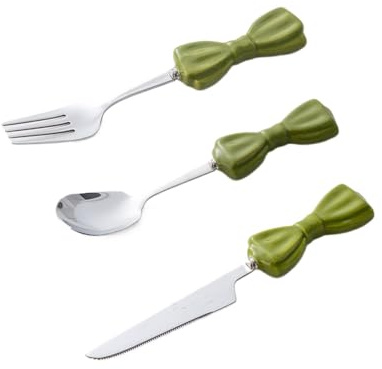 Set di Posate in Acciaio Inox e Ceramica con Papillon, Composto da Coltello, forchetta, Cucchiaio e cucchiaino (Verde, 3 Pezzi)