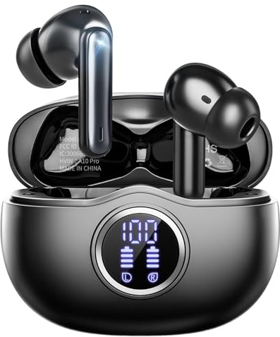 Fhumsh Wireless Earbuds, Bluetooth 5.3 Headphones HiFi Stereo 50H Playback LED Digital Display Ear Buds with ENC Noise Canceling Headset, IPX7 Waterproof Earphones for Gym/Running/Work (Light black)